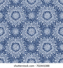 Vector Jeans background with Lotus Flowers Mandala Pattern. Denim seamless pattern. Blue jeans cloth