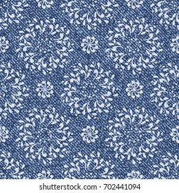 Vector Jeans background with Lotus Flowers Mandala Pattern. Denim seamless pattern. Blue jeans cloth