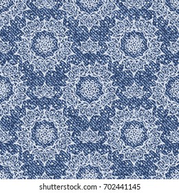 Vector Jeans background with Lotus Flowers Mandala Pattern. Denim seamless pattern. Blue jeans cloth