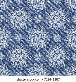 Vector Jeans background with Lotus Flowers Mandala Pattern. Denim seamless pattern. Blue jeans cloth