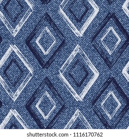 Vector Jeans background with Rhombus Paint Brush Strokes. Denim seamless pattern. Blue jeans cloth
