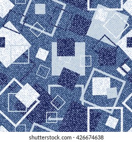 Vector Jeans background with squares. Denim seamless pattern. Blue jeans cloth.