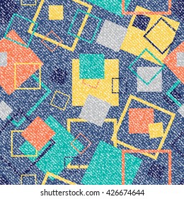 Vector Jeans background with squares. Denim seamless pattern. Blue jeans cloth with colored squares.