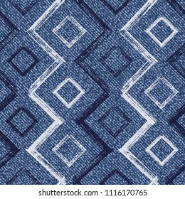 Vector Jeans background with Squares and Zigzag Paint Brush Strokes. Denim seamless pattern. Blue jeans cloth