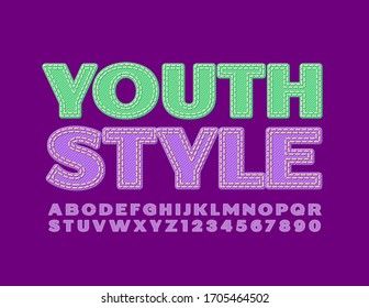 Vector Jeans emblem Youth Style. Violet Denim Font. Textile Alphabet Letters and Numbers