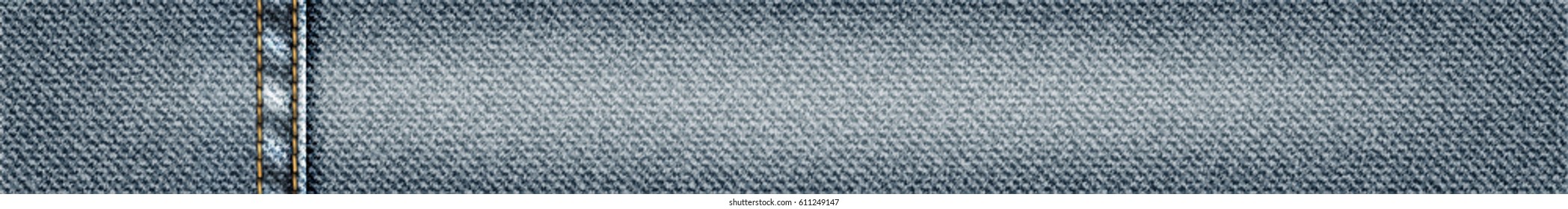 Vector jeans horizontal banner with stitching, realistic denim cloth illustration, denim texture.