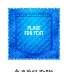 Vector jeans pocket on denim patch with stitches and fringe, perfect for label or tag. Denim material, jeans texture, blue color. Rectangle elements for design with place for text