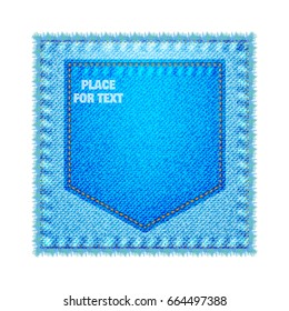  Vector jeans pocket on denim patch with stitches and fringe, perfect for label or tag. Denim material, jeans texture, blue color. Rectangle elements for design with place for text