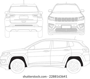 Vector jeep compass line art from views side back front