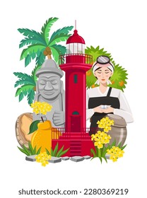 Vector of Jeju Island landmarks illustration. Dol Hareubang (stone grandfather), hallabong, haenyeo (female diver), abalone, kimchi jar, lighthouse, tangerine, and canola flowers.