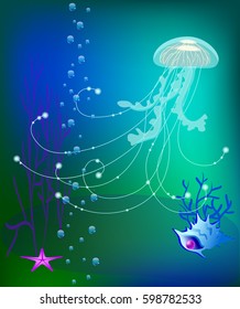 Vector jelly fish underwater world, sea shell, pearl and sea star