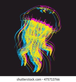 Vector jellyfish hand drawn cmyk concept illustration. Beautiful medusa with tentacles sketch - marine animal swimming in the ocean