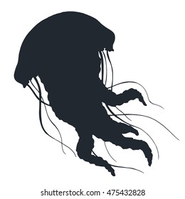 Vector jellyfish hand drawn silhouette illustration. Beautiful medusa with tentacles sketch - marine animal