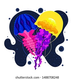 Vector jellyfish in heart shape. Sea medusa. Colorful marine life. Underwater creatures. Design for attributes of water park and aquarium. Print for clothes, cards, covers, posters. Sticker, label