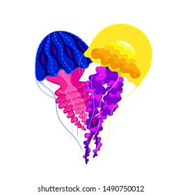 Vector jellyfish in heart shape. Sea medusa. Colorful marine life. Underwater creatures. Design for attributes of water park and aquarium. Print for clothes, cards, covers, posters. Sticker, label