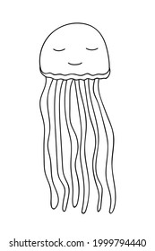 Vector Jellyfish Illustration. Hand Drawn Doodle Jellyfish. Cute Jelly Fish Line Art Sticker.