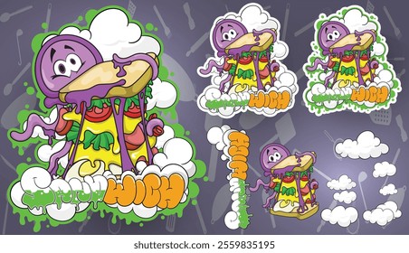 Vector jellyfish and sandwich cartoon illustration design, t-shirt and sticker design, graffiti, eps 10, editable.