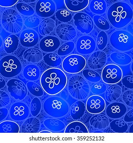 Vector jellyfish seamless pattern drawn in line art style. Ocean fauna in blue colors