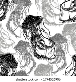 Vector jellyfish seamless pattern.
Monochrome pattern of a flock of black and gray jellyfish. Design for printing on textiles, paper, wallpaper, packaging.