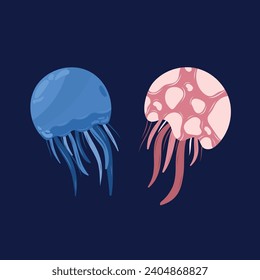 La medusa vectorial se coloca sobre un fondo negro aislado. Mariscos azules y rosas. Para el diseño infantil, postales, carteles.