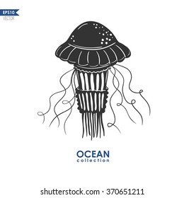 vector jellyfish silhouette, illustration of medusa isolated on white, black and white illustration