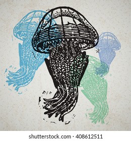 Vector Jellyfishes in abstract composition. Linocut Jellyfishes in different colors on old paper