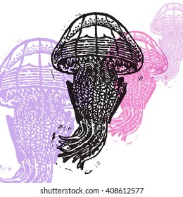 Vector Jellyfishes in abstract composition. Linocut Jellyfishes in different colors on white background
