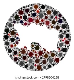 Vector Jersey Island map collage of flu virus. Infection attacks the quarantine territory from external zone. Hole round Jersey Island map collage formed with infection icons.