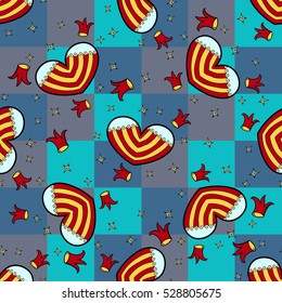 Vector Jester hearts and crown seamless pattern for fabric and surface design.