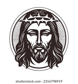 Vector Jesus Christ face silhouette isolated on white. Hand drawn vector illustration. Black Jesus icon logo