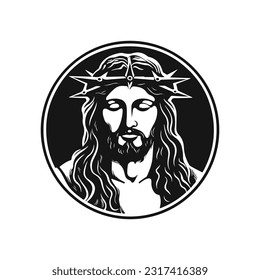 Vector Jesus Christ face silhouette  Hand drawn vector illustration  Black Jesus icon logo isolated white