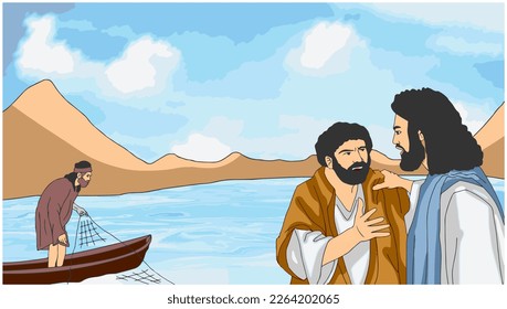 Vector of Jesus with fisherman, Jesus background, Easter background.