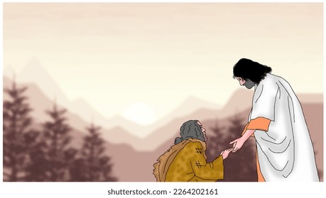 Vector of Jesus is holding hands with a man, Jesus is helping a man, Jesus background, Easter background.