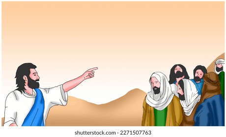 Vector of Jesus is pointing during people, Easter background.