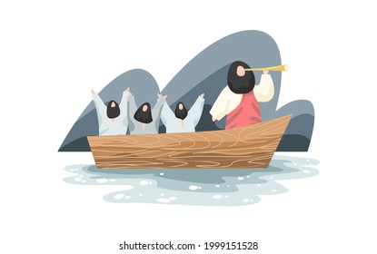 Vector Jesus sitting in a boat with many people.