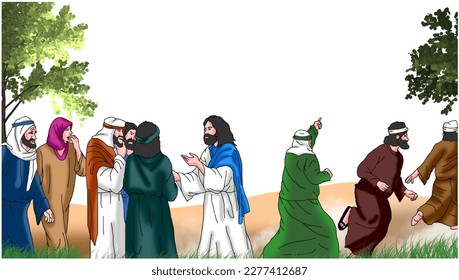 Vector of Jesus is talking to people but his disciple are leaving, Easter background.