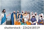 Vector of Jesus is teaching people, Easter background.