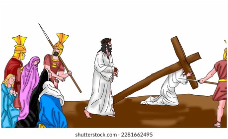Vector of Jesus is walking to the cross and Simon is carrying the cross, Easter background.