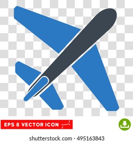 Vector Jet Airplane EPS vector icon. Illustration style is flat iconic bicolor smooth blue symbol on a transparent background.