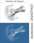 vector Jet Engine technical drawing blueprints side view. plane machine isolated in transparent background