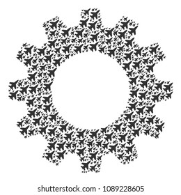 Vector jet fighter icons are composed into cogwheel combination. Development design concept constructed with jet fighter pictograms.