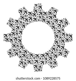 Vector jet plane icons are combined into cog collage. Equipment design concept constructed of jet plane items.