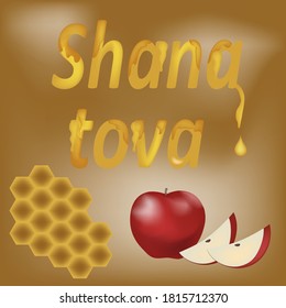 Vector of jevish New Year card with honey and apple and traditional wishes of good year "Shana Tova"