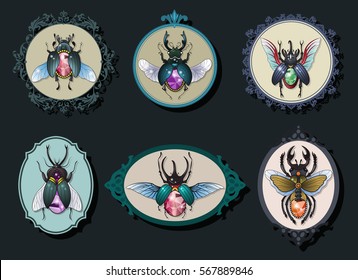 Vector Jewel Insect Gemstone Bugs Frames Gem Beetle Set 