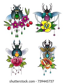 Vector Jewel Insect Set with Flowers. Traditional Tattoo Design