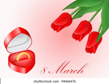 vector jewelry box with golden ring and bouquet of red tulips, may be used as a Saint Valentine's greeting card or International Women's Day backdrop