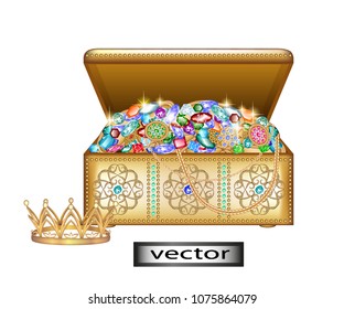 Vector. The jewelry box is open. A chest, open it. Gold casket with precious stones for jewelry. Gold jewelry. Crown. A symbol of wealth. Realistic illustrations, 3D.