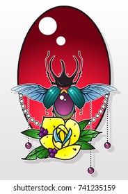 Vector Jewelry Bug with Rose Composition Tattoo Style