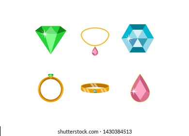 Vector jewelry icons set - emerald, ruby, saphire and necklace and golden rings with these stones. Treasure, wedding and fashion accessory collection for poster, banner, logo, icon, promo