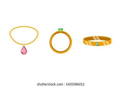 Vector jewelry icons set - emerald, ruby, sapphire and necklace and golden rings with these stones. Treasure, wedding and fashion accessory collection for poster, banner, logo, icon, promo